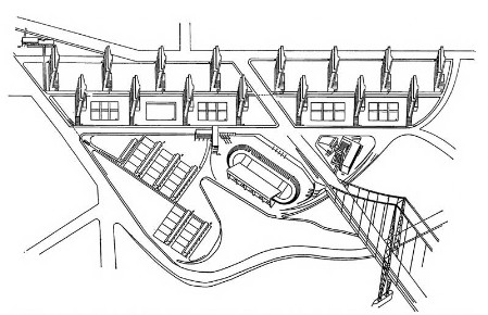 Проект жилого комплекса для трудящихся. Архитекторы П. Бюкинг, Я. Гиллар, А. Мюллерова, Й. Шпалек. Аксонометрия